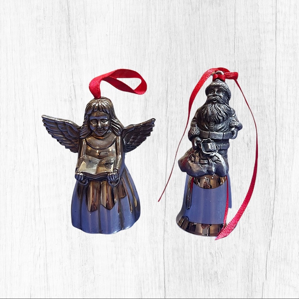 Silver bells set pewter Santa Claus and Choir girl ornaments
